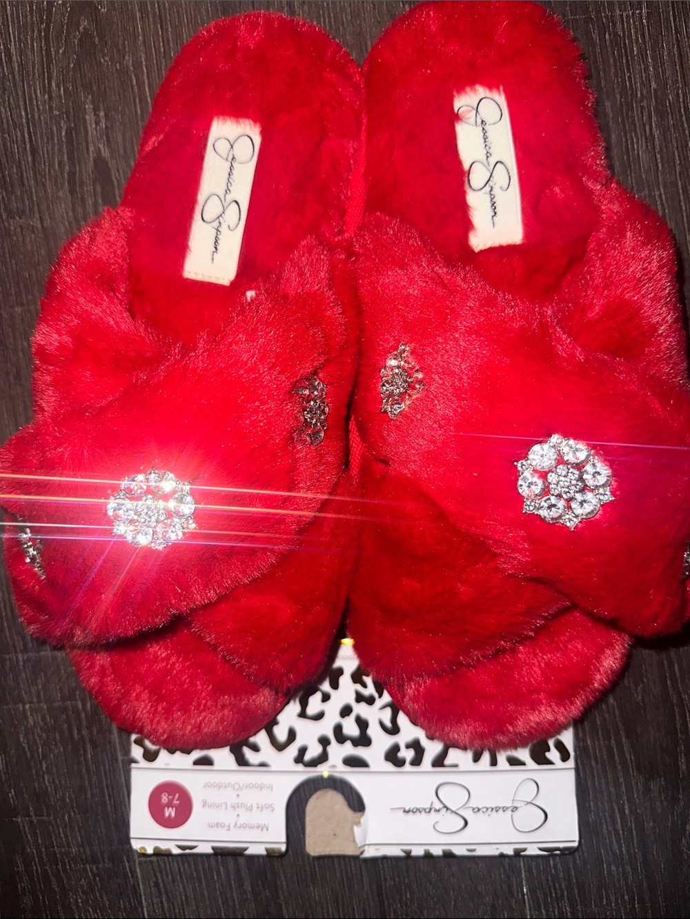 Jessica Simpson Red Faux Fur Slippers with Gem Accent
